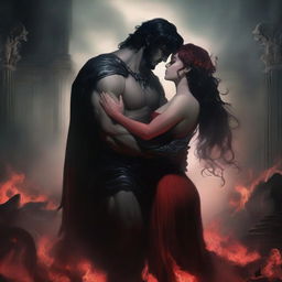 A fantasy romance scene set in an underworld hellscape, featuring a thrupple with a sexy Hades and Persephone in love with and desiring a human woman