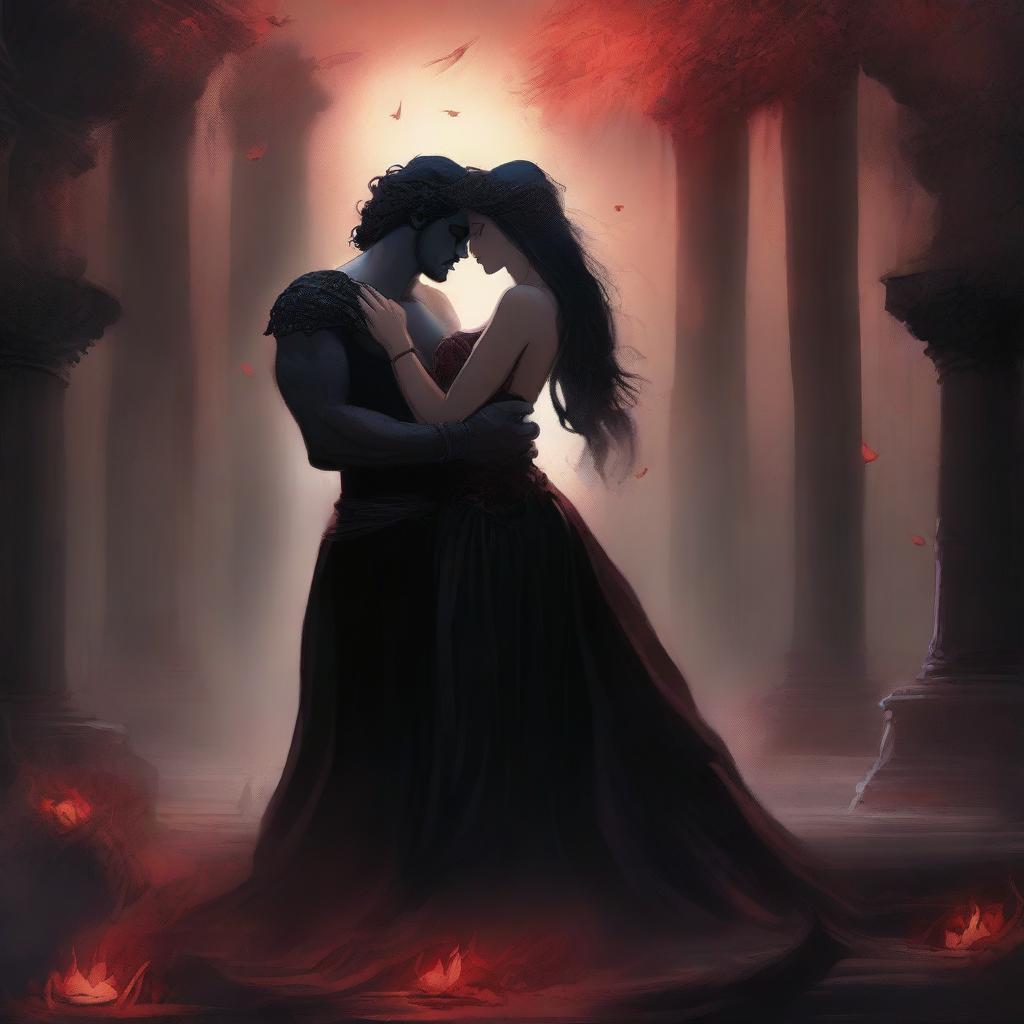 A fantasy romance scene set in an underworld hellscape, featuring a thrupple with a sexy Hades and Persephone in love with and desiring a human woman