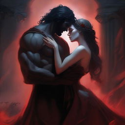 A fantasy romance scene set in an underworld hellscape, featuring a thrupple with a sexy Hades and Persephone in love with and desiring a human woman