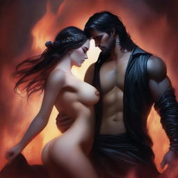 A book cover featuring a fantasy romance scene set in the underworld hellscape