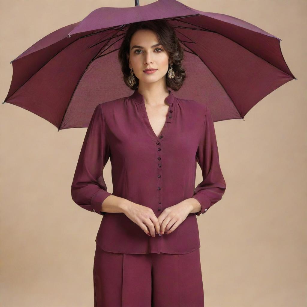 A wine-colored umbrella and blouse made from plain georgette fabric