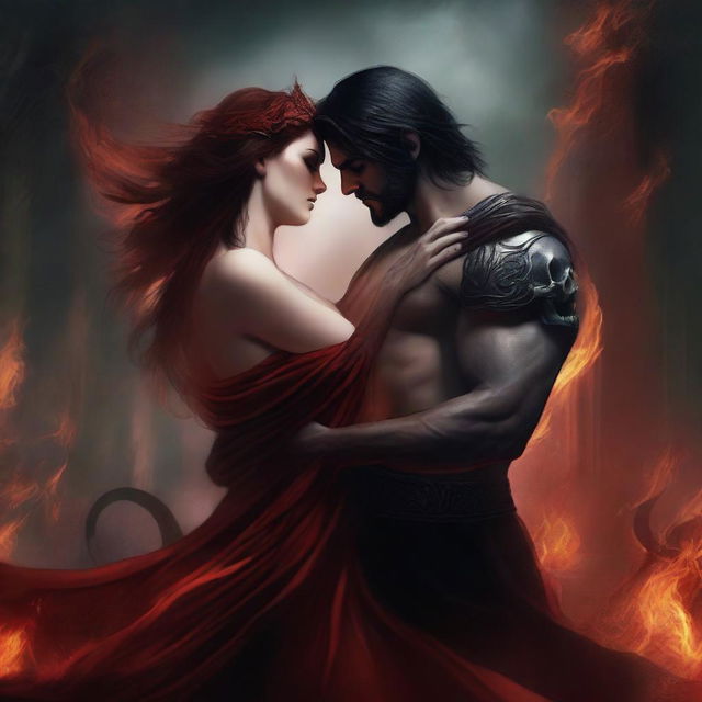 A book cover featuring a fantasy romance scene set in the underworld hellscape