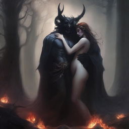 A dark fantasy romance scene set in the underworld hellscape, featuring a thrupple with Hades, the fae god, goddess Persephone, and a beautiful human woman