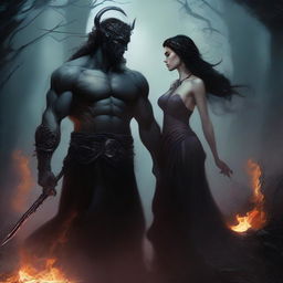 A dark fantasy romance scene set in the underworld hellscape, featuring a thrupple with Hades, the fae god, goddess Persephone, and a beautiful human woman