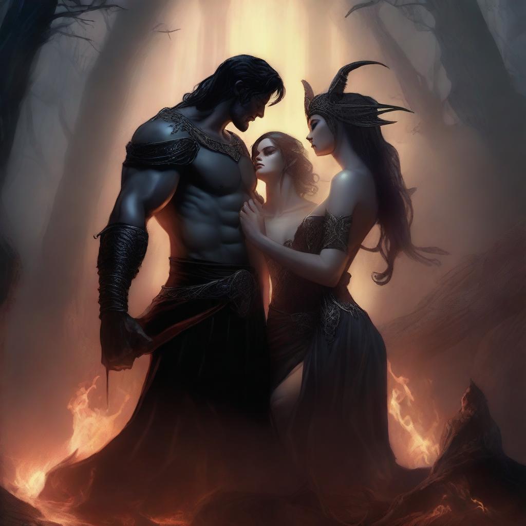 A dark fantasy romance scene set in the underworld hellscape, featuring a thrupple with Hades, the fae god, goddess Persephone, and a beautiful human woman