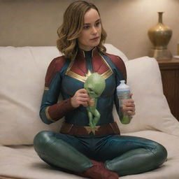 Brie Larson as Captain Marvel, comfortably seated on the lap of a nurturing female alien, sweetly drinking from a baby bottle. She is wearing amusing babyish diapers.