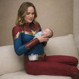 Brie Larson as Captain Marvel, comfortably seated on the lap of a nurturing female alien, sweetly drinking from a baby bottle. She is wearing amusing babyish diapers.