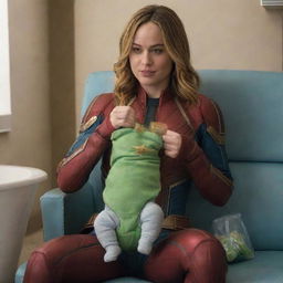 Brie Larson as Captain Marvel, comfortably seated on the lap of a nurturing female alien, sweetly drinking from a baby bottle. She is wearing amusing babyish diapers.