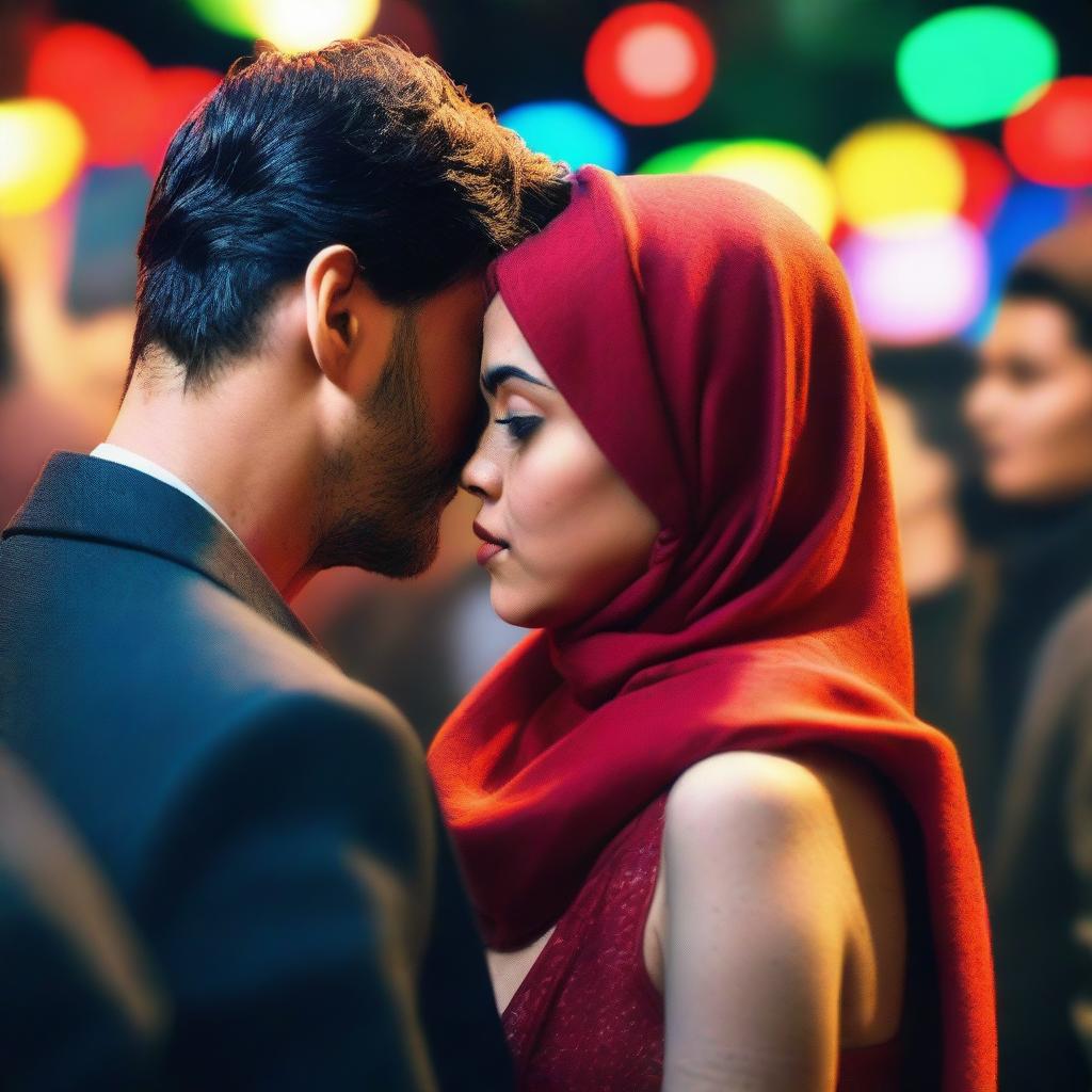 A woman wearing a red headscarf, with a concerned or puzzled expression on her face, stands in the foreground