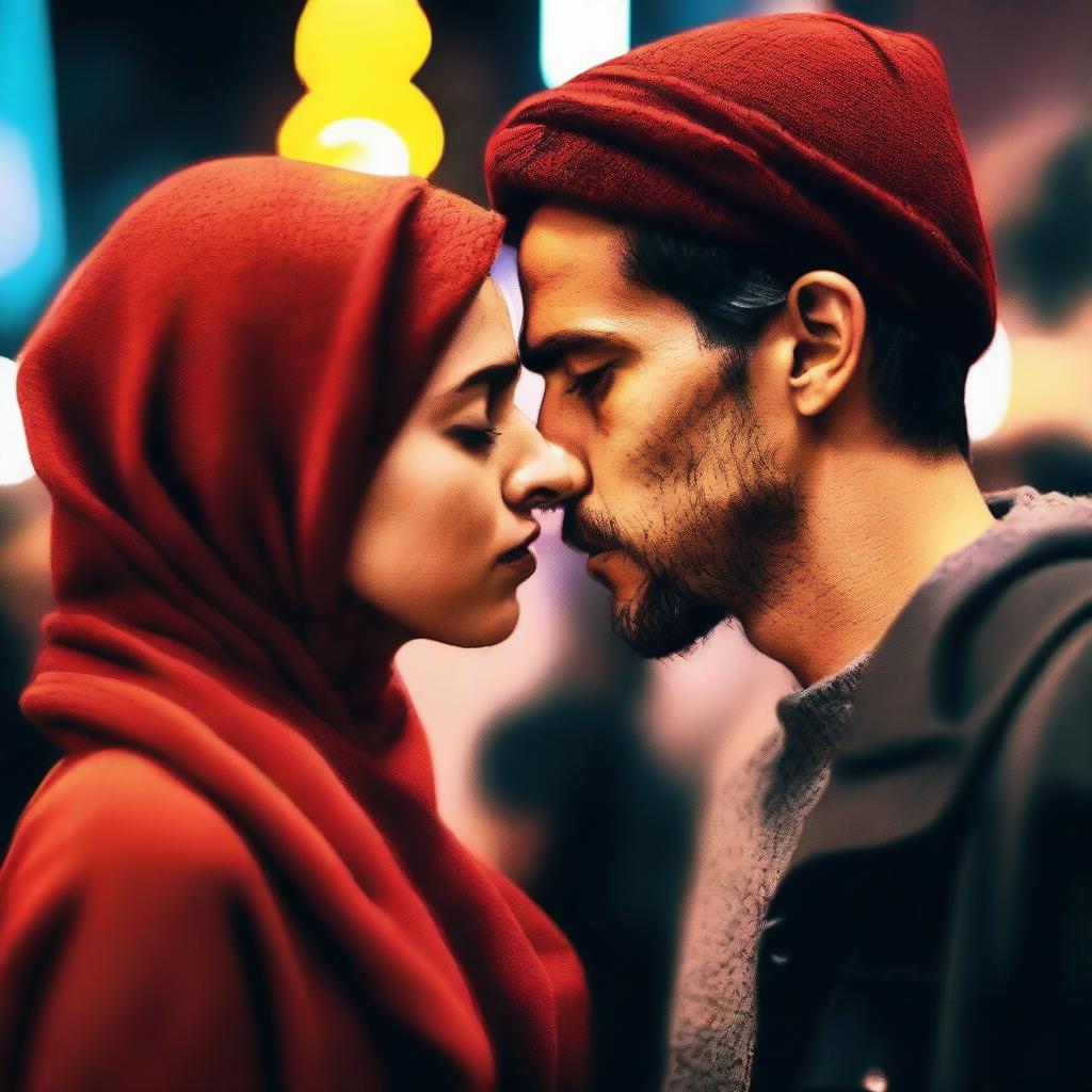 A woman wearing a red headscarf, with a concerned or puzzled expression on her face, stands in the foreground