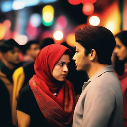 A woman wearing a red headscarf, with a concerned or puzzled expression on her face, stands in the foreground