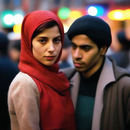 A woman wearing a red headscarf, with a concerned or puzzled expression on her face, stands in the foreground