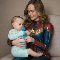 Brie Larson as Captain Marvel, comfortably seated on the lap of a nurturing female alien, sweetly drinking from a baby bottle. She is wearing amusing babyish diapers.