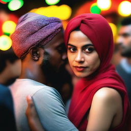 A woman wearing a red headscarf, with a concerned or puzzled expression on her face