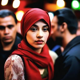 A woman wearing a red headscarf, with a concerned or puzzled expression on her face