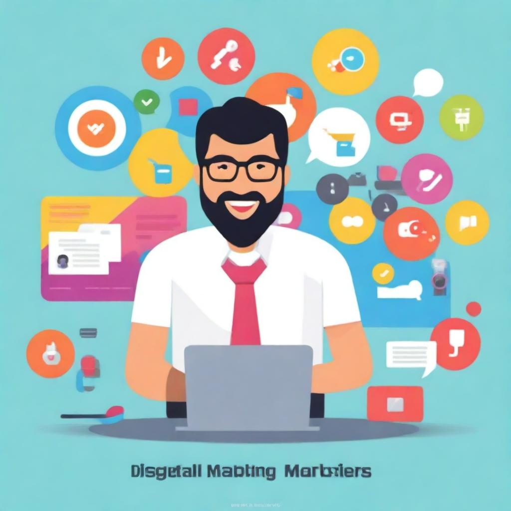 A vibrant and engaging illustration showcasing digital marketing strategies for small businesses