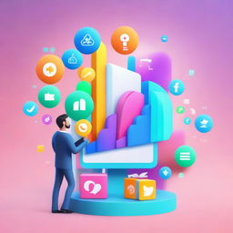 A modern and dynamic 3D illustration showcasing digital marketing strategies for small businesses