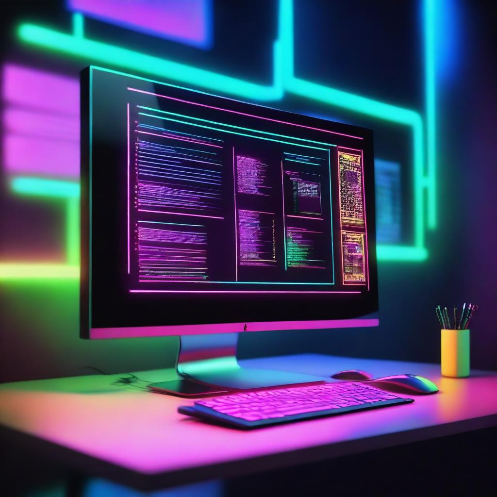 A glowing neon computer with vibrant colors, showcasing a sleek and modern design