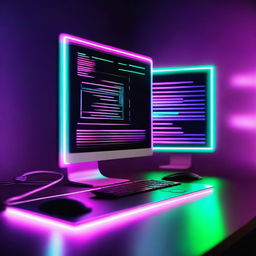 A glowing neon computer with vibrant colors, showcasing a sleek and modern design