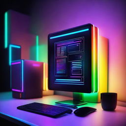 A glowing neon computer with vibrant colors, showcasing a sleek and modern design