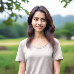 A normal girl standing in a casual pose, wearing everyday clothes