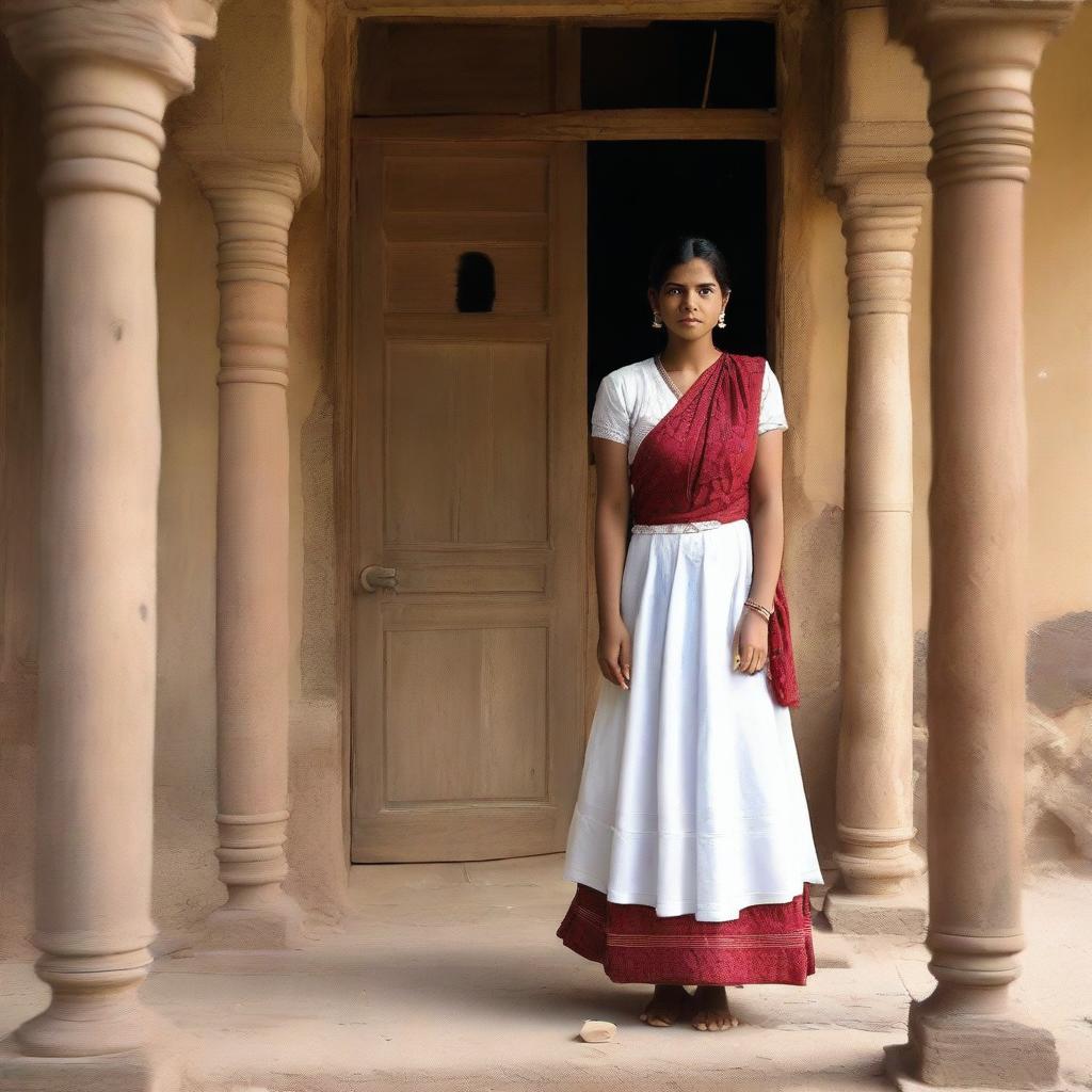 An Indian maid dressed in traditional attire, standing in a humble setting