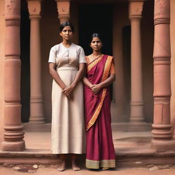 An Indian maid dressed in traditional attire, standing in a humble setting