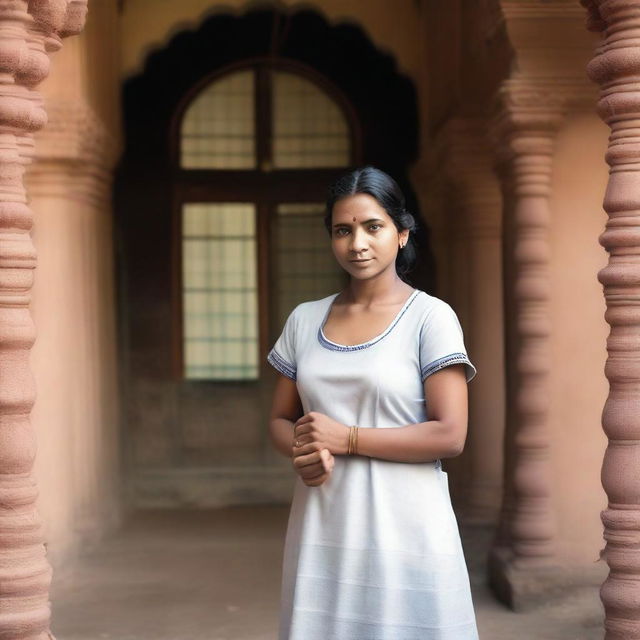 An Indian maid dressed in traditional attire, standing in a humble setting