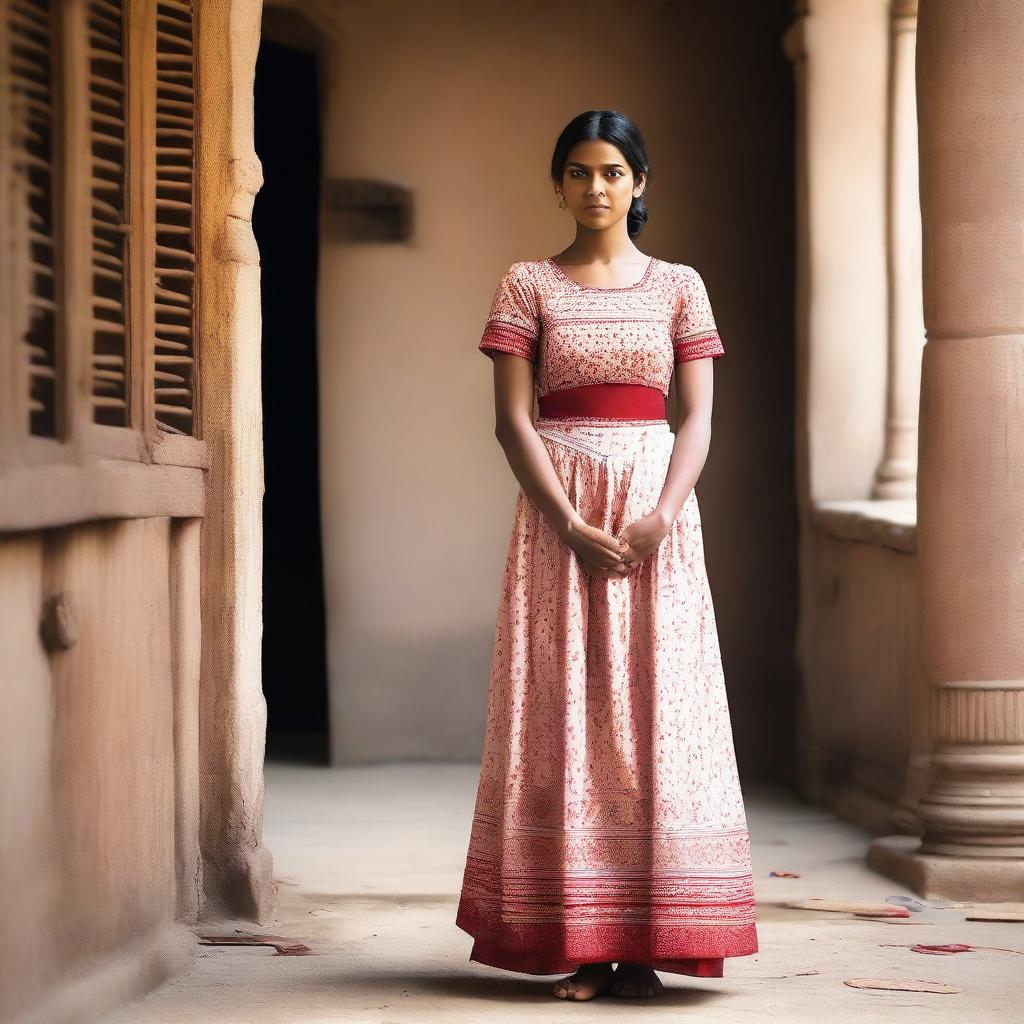 An Indian maid dressed in traditional attire, standing in a humble setting