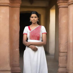 An Indian maid dressed in traditional attire, standing in a humble setting