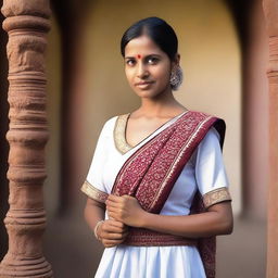 An Indian maid dressed in traditional attire, standing in a humble setting