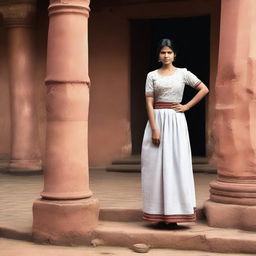 An Indian maid dressed in traditional attire, standing in a humble setting