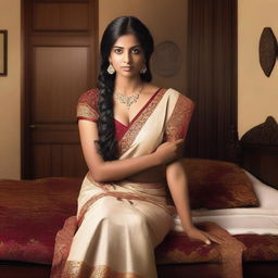 An Indian maid wearing a saree, waiting seductively over a bed