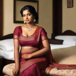 An Indian maid wearing a saree, waiting seductively over a bed