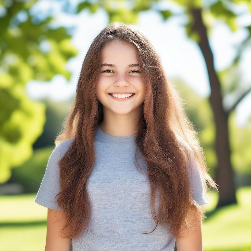 A cheerful teen girl with a bright smile, wearing casual clothes