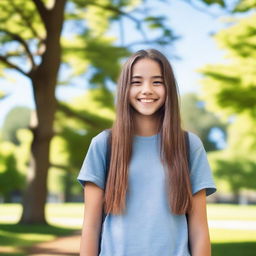 A cheerful teen girl with a bright smile, wearing casual clothes