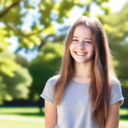 A cheerful teen girl with a bright smile, wearing casual clothes