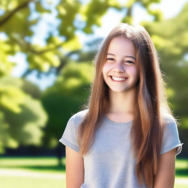 A cheerful teen girl with a bright smile, wearing casual clothes