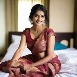 An Indian maid wearing a saree, posed seductively on a bed, bending and smiling seductively