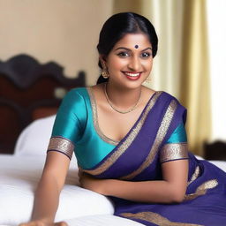 An Indian maid wearing a saree, posed seductively on a bed, bending and smiling seductively