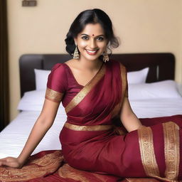 An Indian maid wearing a saree, posed seductively on a bed, bending and smiling seductively