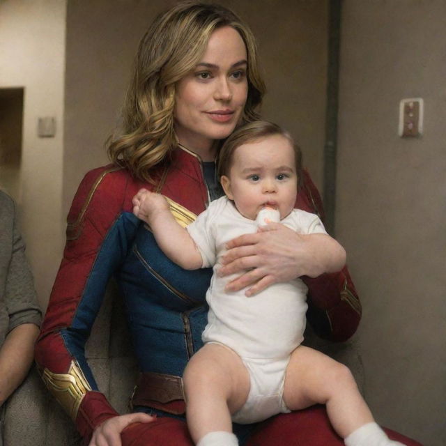 Brie Larson as Captain Marvel, amusingly sitting on the lap of a motherly female alien, enjoying a bottle of milk while clothed in baby's diapers.