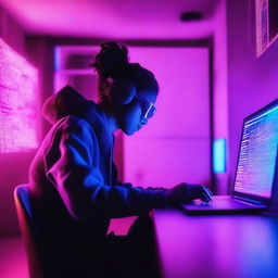 A person coding on a laptop in a neon-lit room