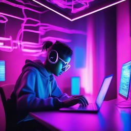 A person coding on a laptop in a neon-lit room