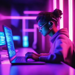 A person coding on a laptop in a neon-lit room