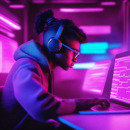 A person coding on a laptop in a neon-lit room