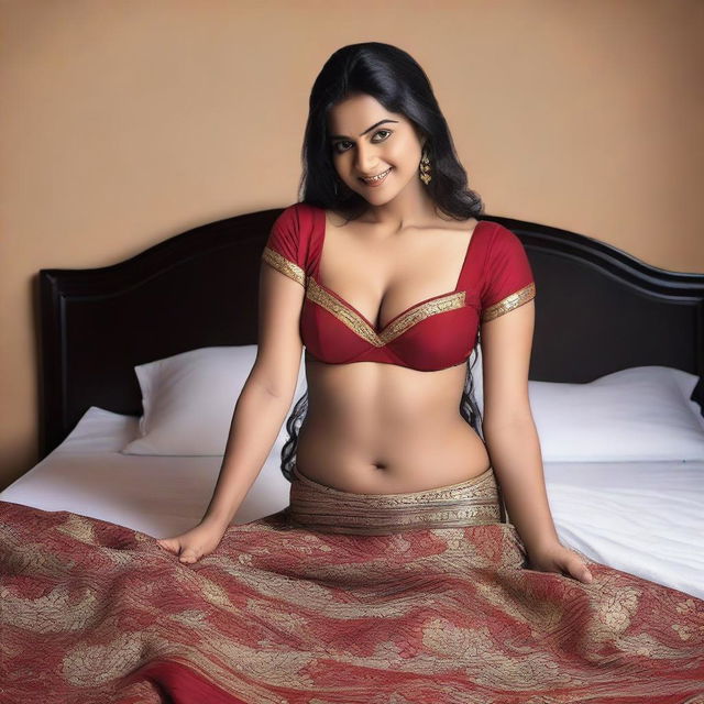 An Indian maid wearing a saree, posed seductively on a bed, bending and smiling seductively while holding a bra