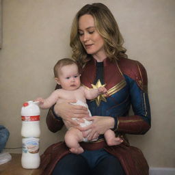 Brie Larson as Captain Marvel, amusingly sitting on the lap of a motherly female alien, enjoying a bottle of milk while clothed in baby's diapers.