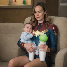 Brie Larson as Captain Marvel, amusingly sitting on the lap of a motherly female alien, enjoying a bottle of milk while clothed in baby's diapers.