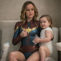 Brie Larson as Captain Marvel, amusingly sitting on the lap of a motherly female alien, enjoying a bottle of milk while clothed in baby's diapers.